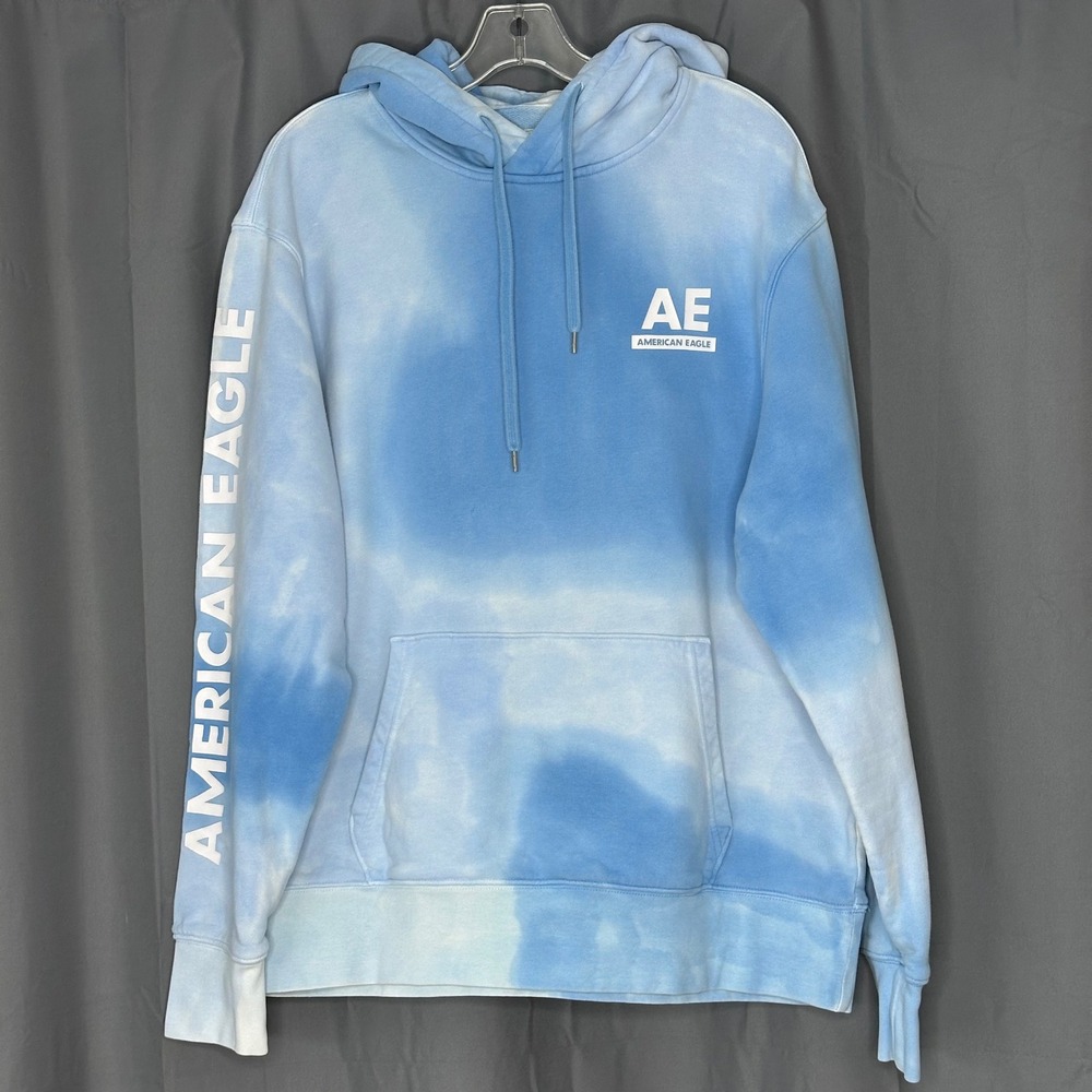 American Eagle Mens Blue Tie Dye Graphic Sleeve Hoodie Sweatshirt Medium 00439